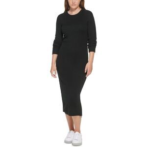 Calvin Klein Jeans Women's Ribbed Long Sleeve Crewneck Side Slit Dress - Black S